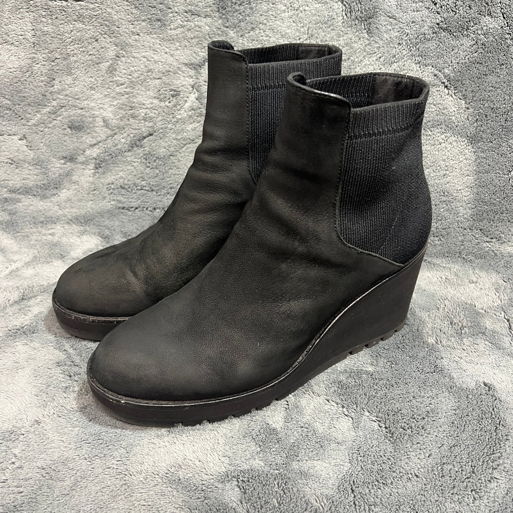 Eileen Fisher Black Leather Wedge Ankle Boots Stretch Knit Lug Sole 8.5